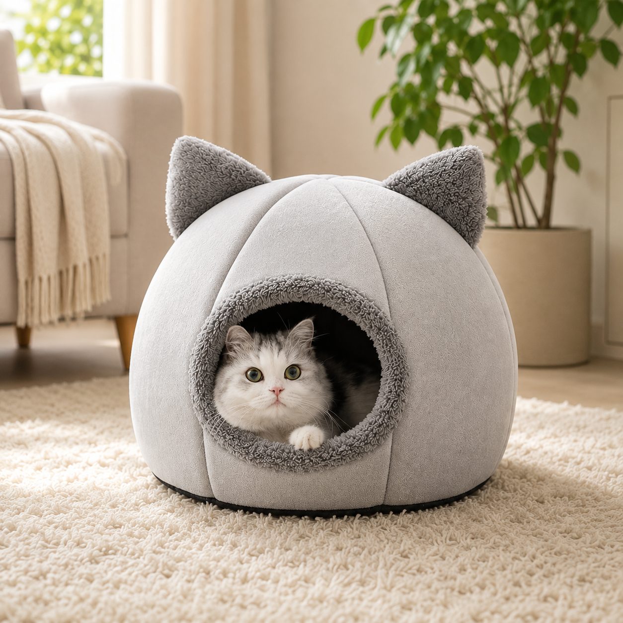 Cozy Cat Cave Bed – Plush Indoor Hideaway with Removable Cushion