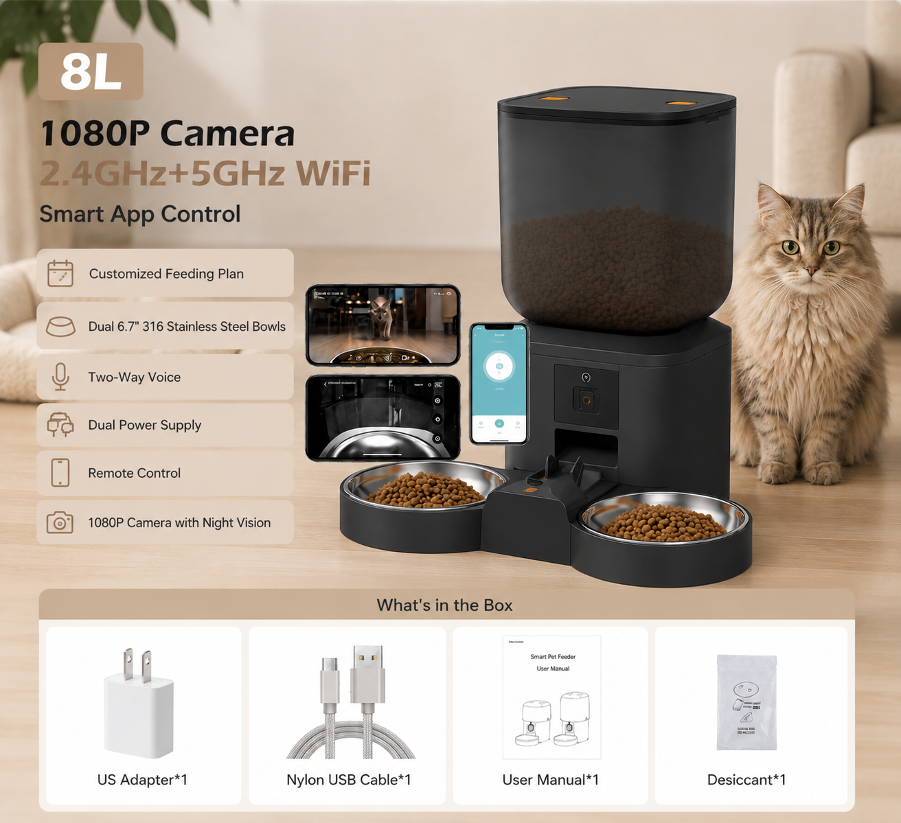 8L Smart Pet Feeder with 1080P HD Camera & WiFi | Automatic Cat & Dog Feeder