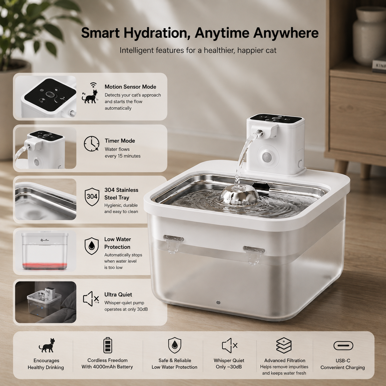 Smart Stainless Steel Cat Water Fountain 2.5L