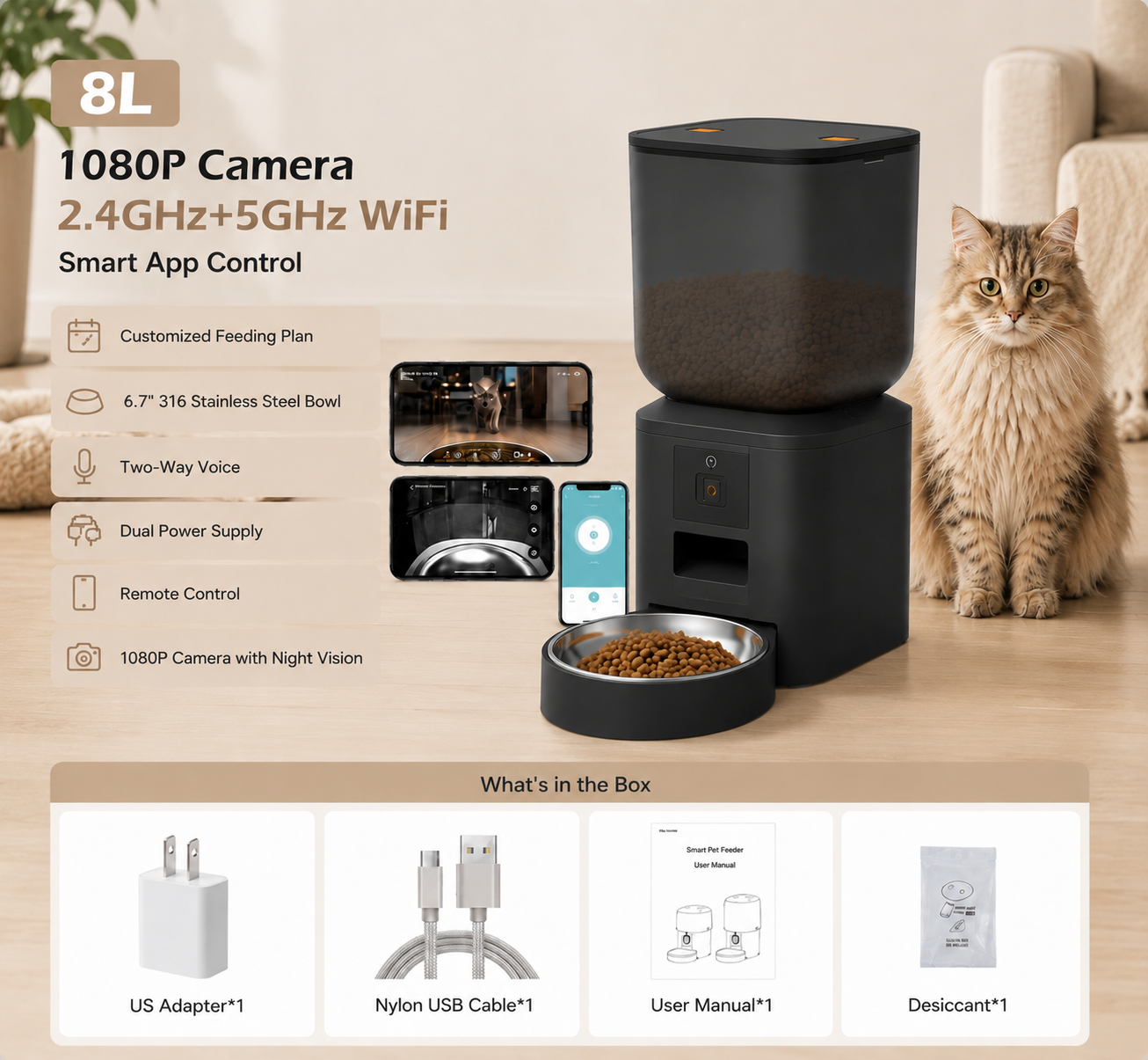 8L Smart Pet Feeder with 1080P HD Camera & WiFi | Automatic Cat & Dog Feeder