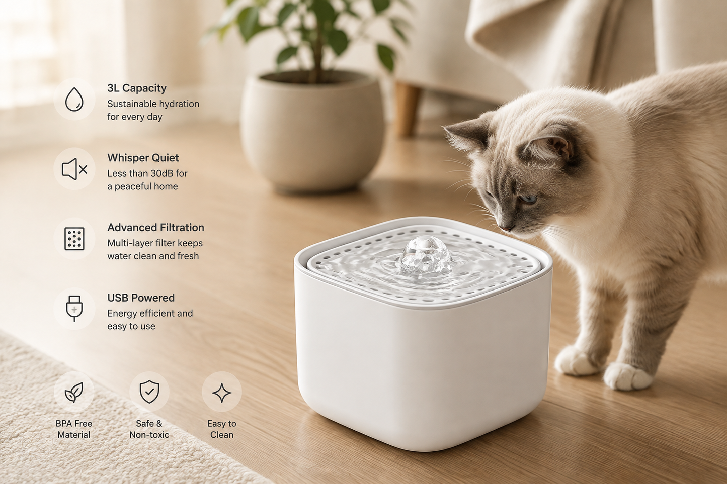 Minimalist Cat Water Fountain 3L