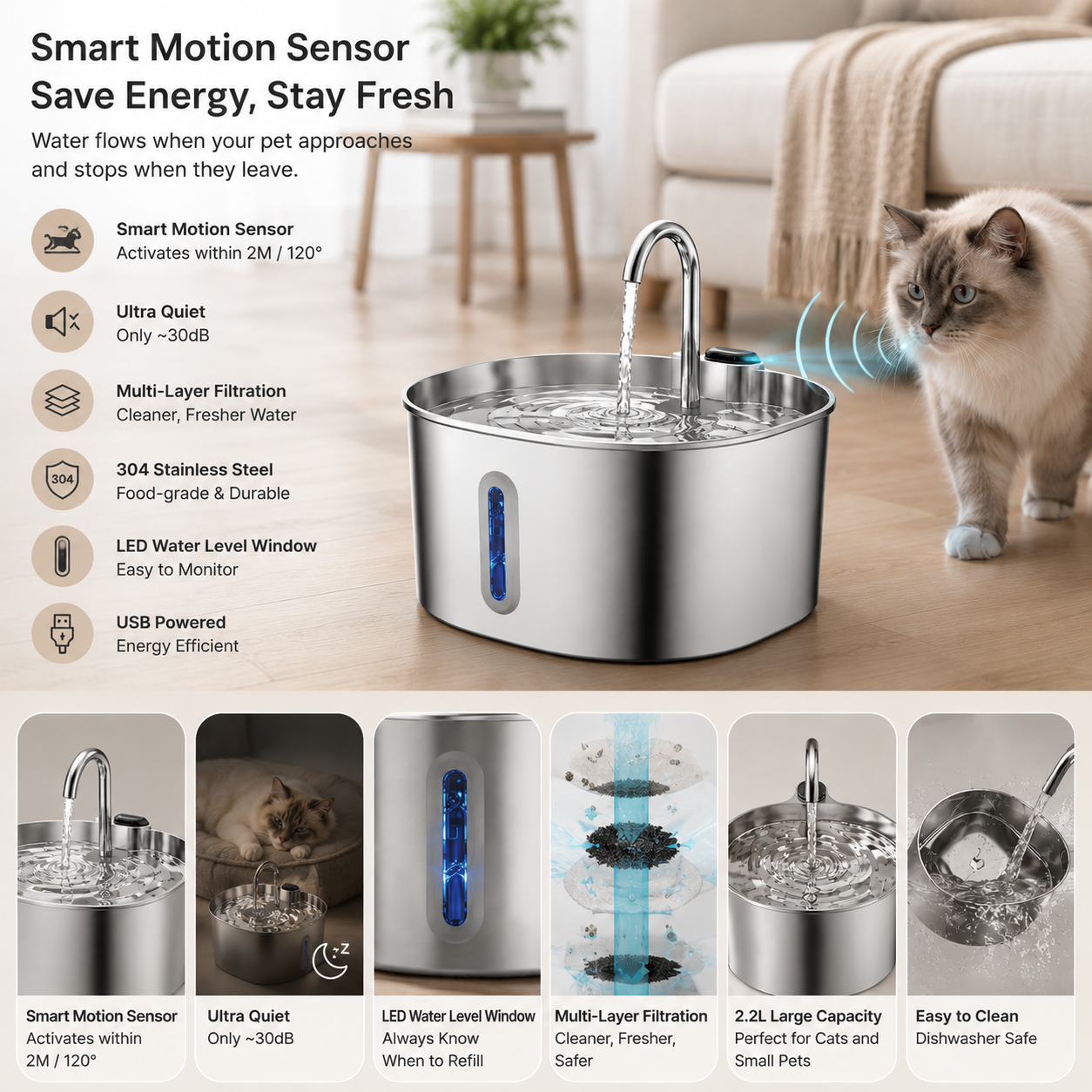 Premium Stainless Steel Cat Water Fountain 2.2L