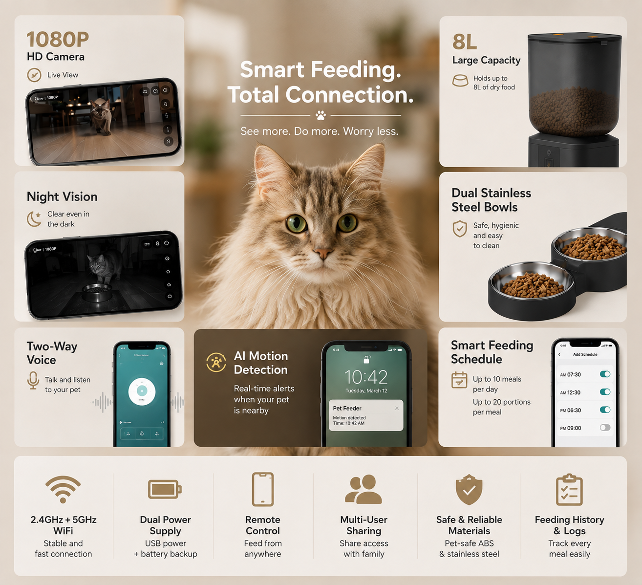 8L Smart Pet Feeder with 1080P HD Camera & WiFi | Automatic Cat & Dog Feeder